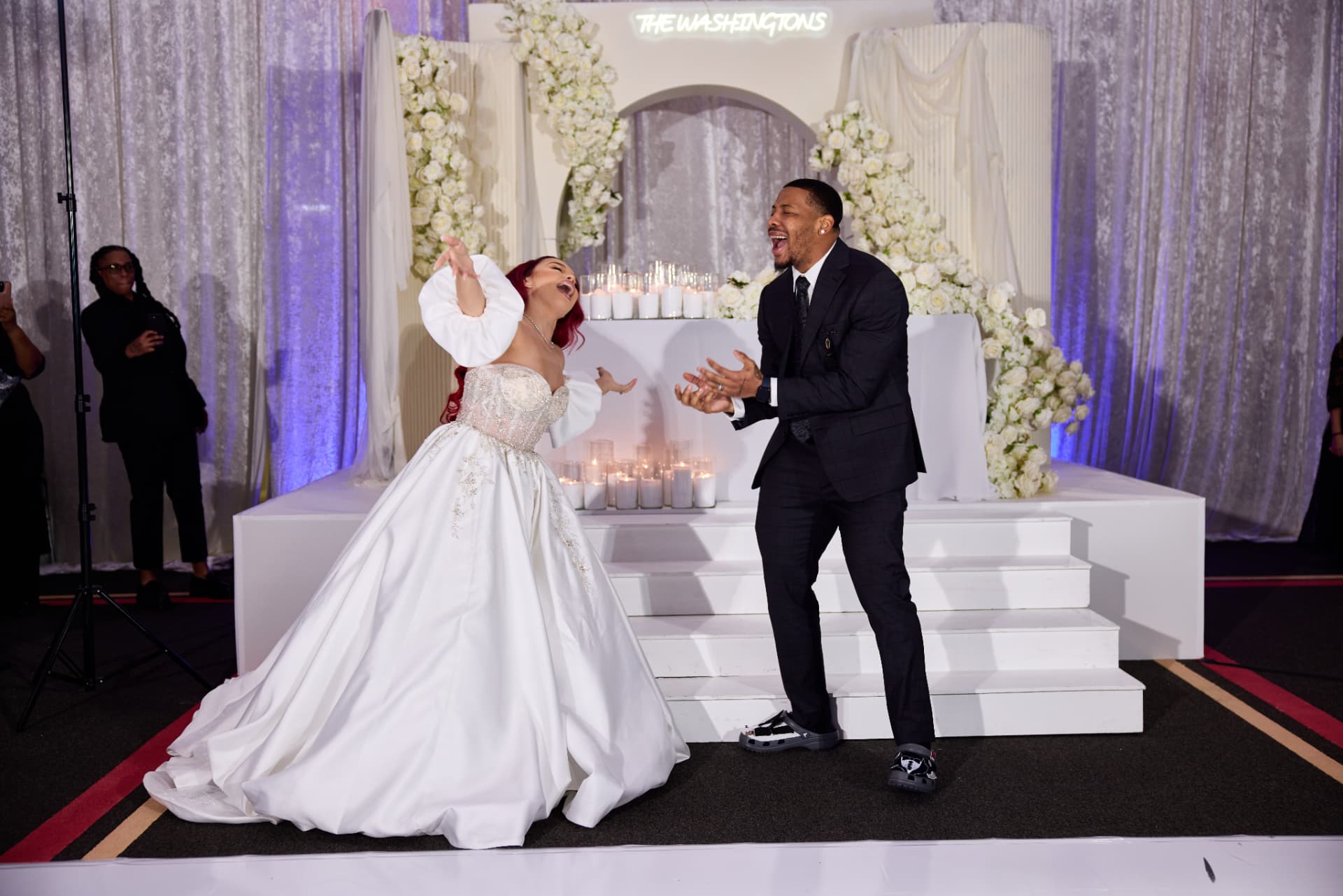 Bride and groom laughing during their first dance at a DC wedding reception hosted by DMC Entertainment